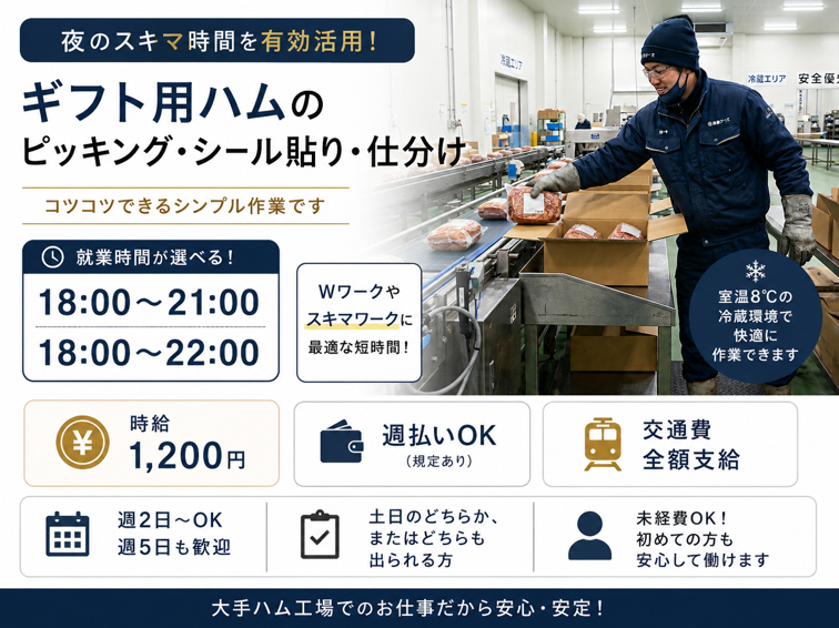18時からの夜間ギフト仕分け／時給1200円・週払いOK