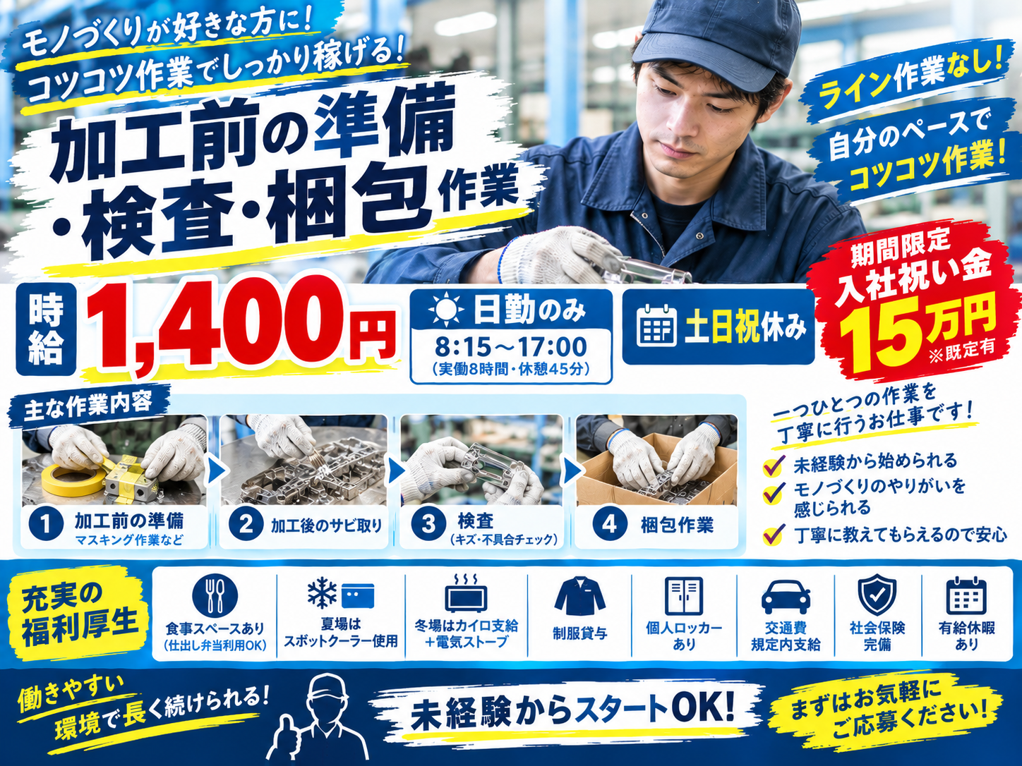 入社祝い金15万円!土日祝休み！部品の準備・仕上げ作業