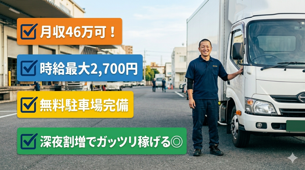 月収46万可！深夜割増でガッツリ稼げる4tルート配送◎