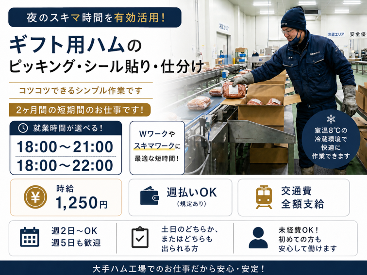 18時からの夜間ギフト仕分け／時給1250円・短期間