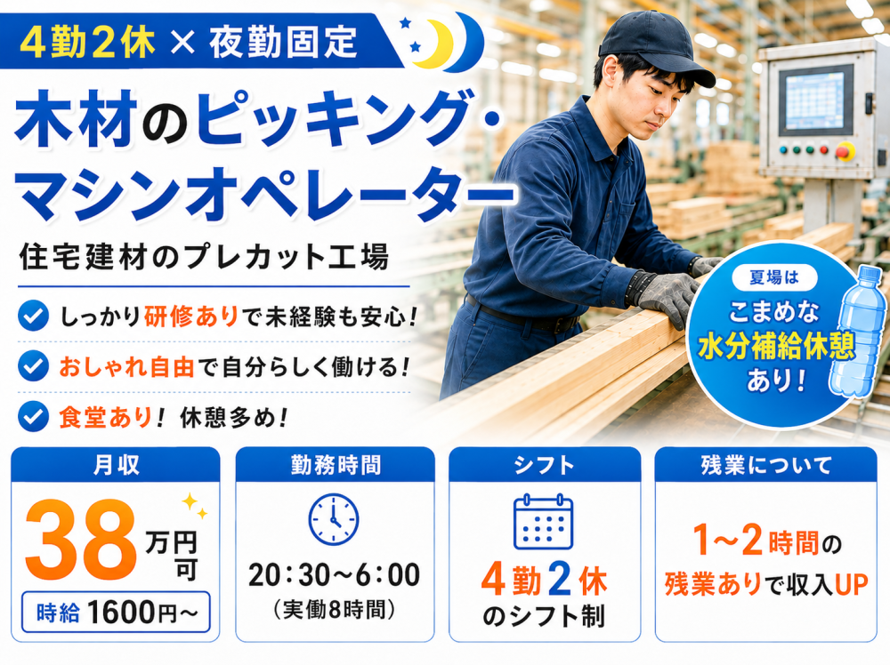 木材の加工軽作業／4勤2休の夜勤専属