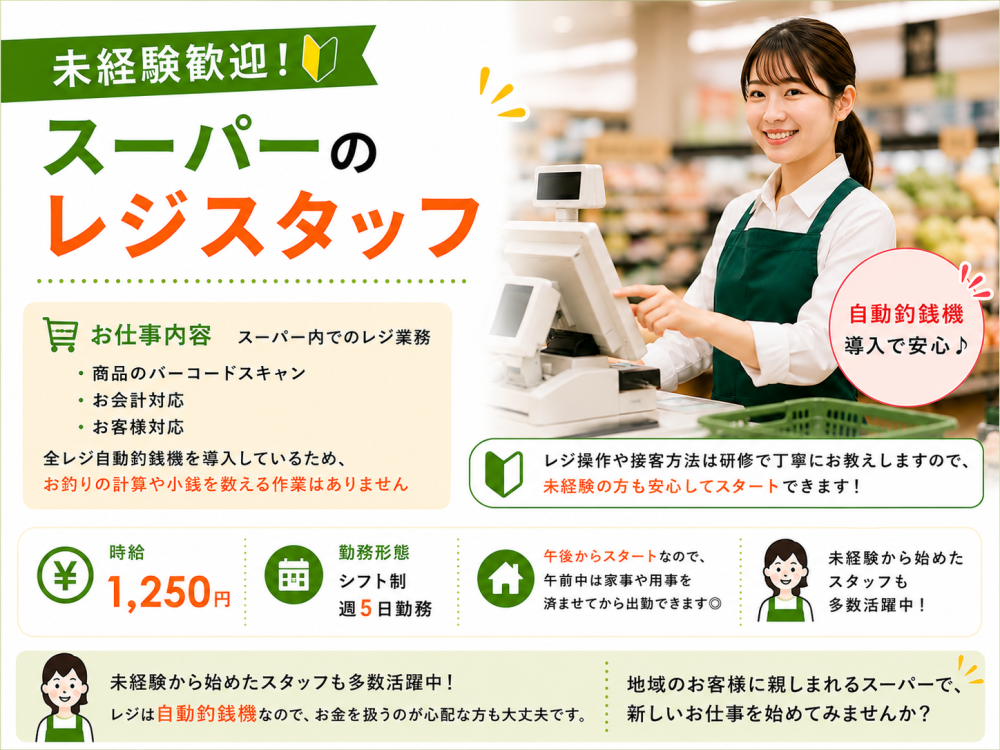 スーパーでのレジスタッフ（西岡店）