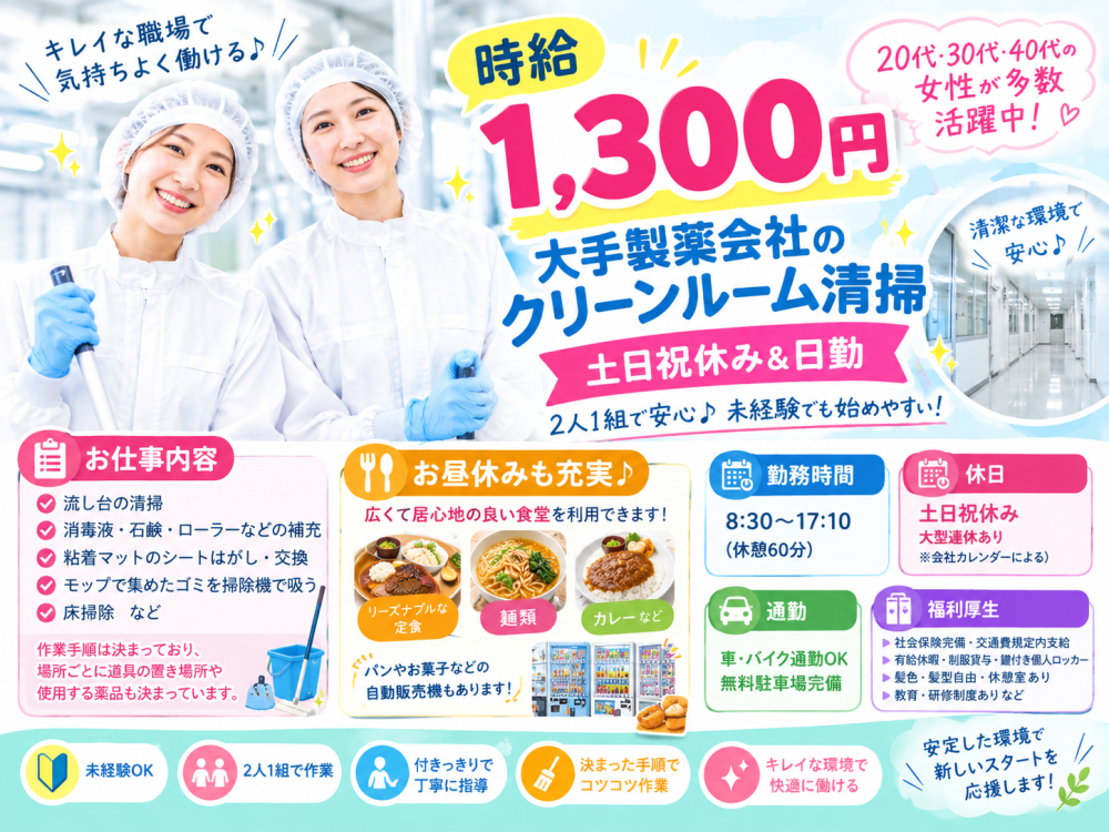 大手製薬会社のクリーンルーム清掃スタッフ
